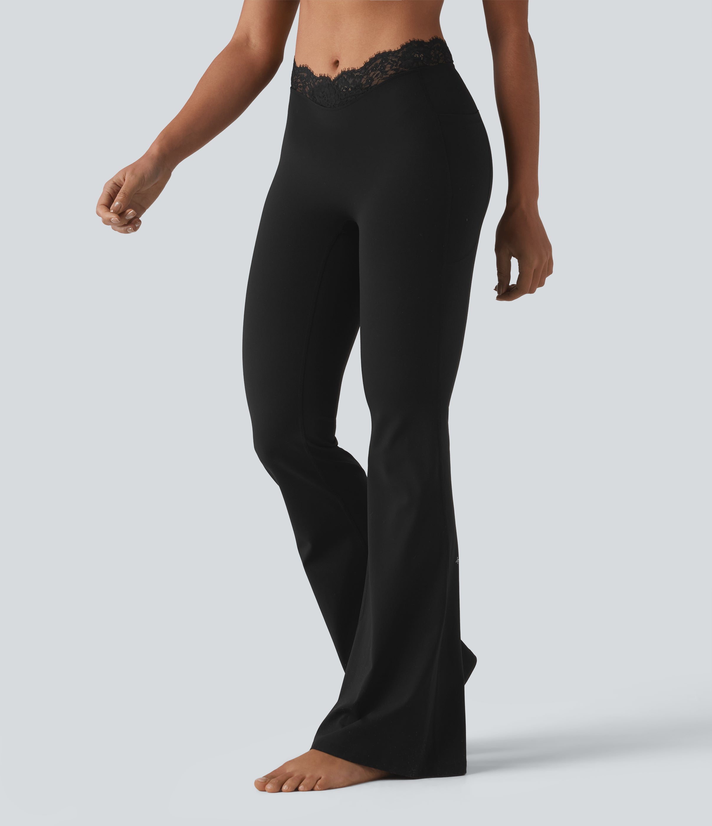 V-Shaped High-Waist Lace Trim Yoga Flare Leggings