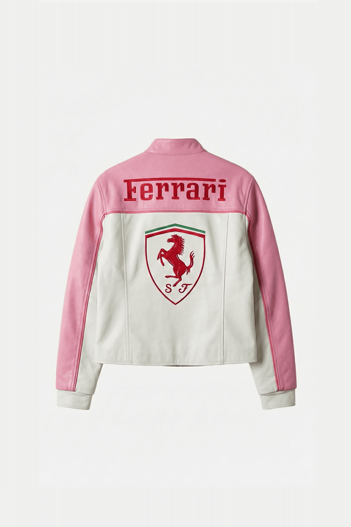 Ferrari F1 Vintage Racing Leather Jacket - Pink & White Edition
