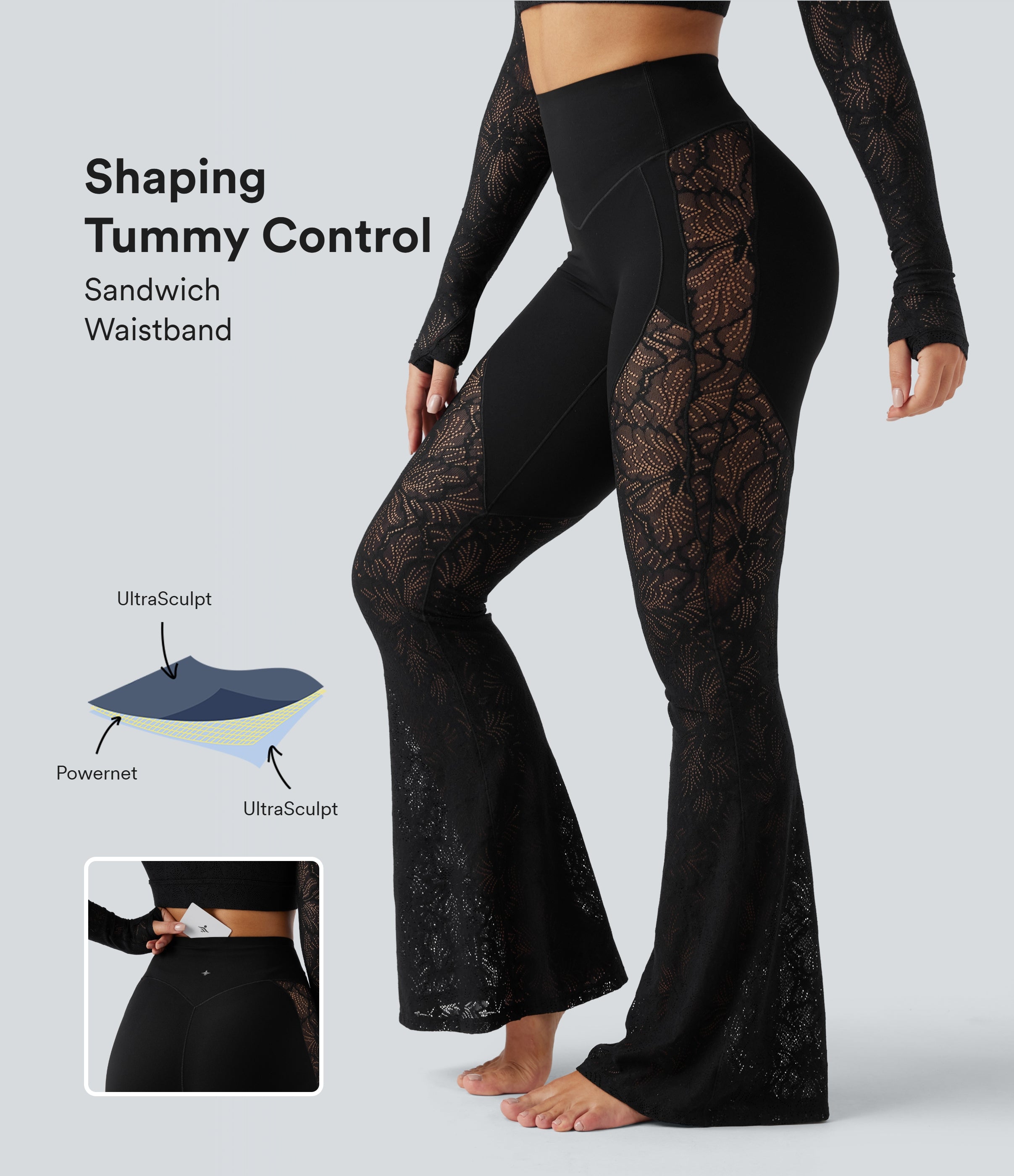 High-Waist Lace Trim Tummy Control Yoga Flare Leggings